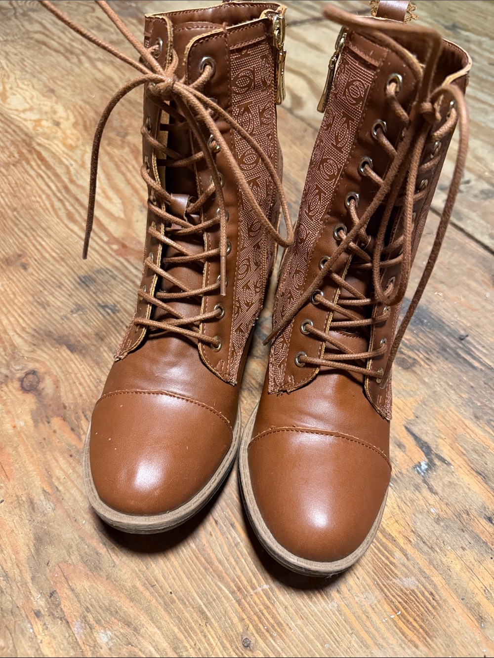 bebe Tan Lace-Up Women's Combat Boots with Branded Shaft